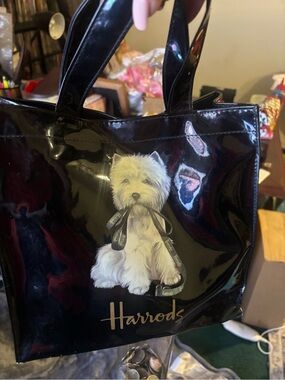 Harrods Black Patent Tote with White Dog Motif